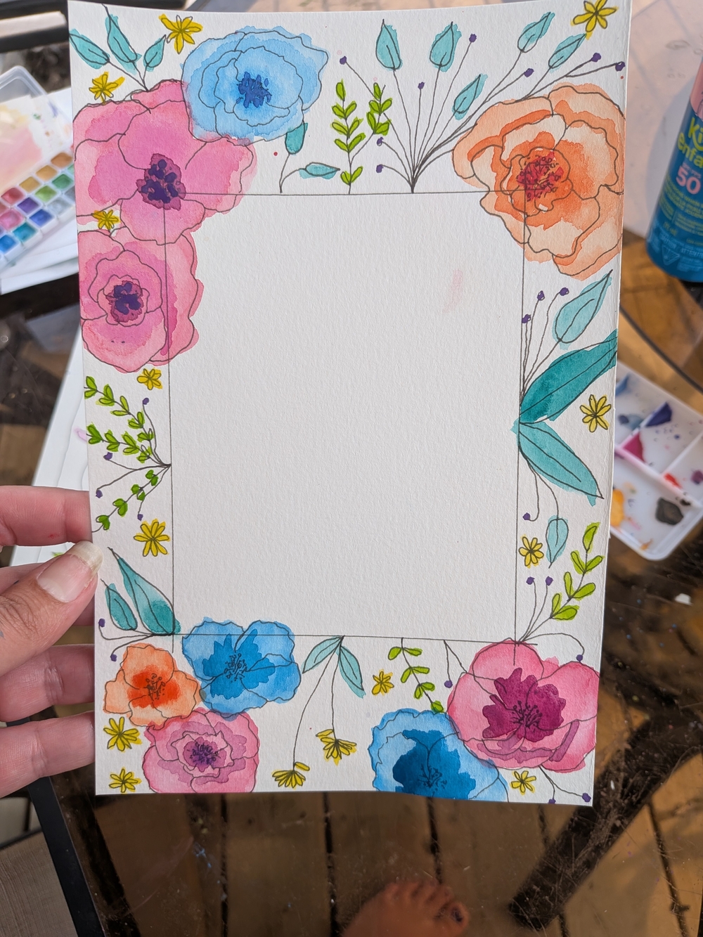 Hand-Painted Floral Watercolor Frame - Colorful Blooms